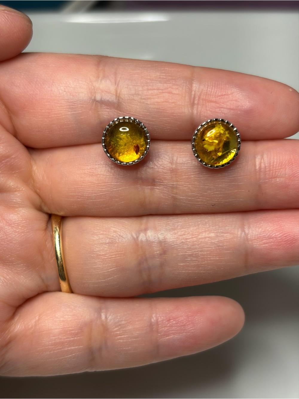925 Silver/ Amber Yellow Round Stud Earrings - Women Jewelry